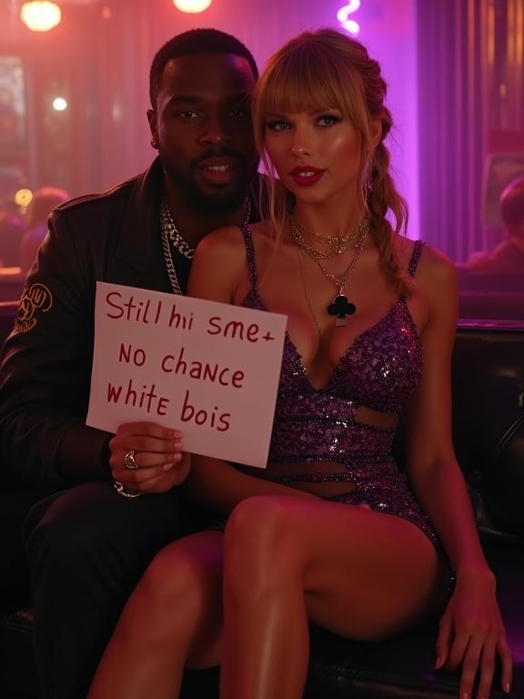 Full body shot of a woman sitting on a couch in a nightclub with a man. Woman is wearing a purple glittery dress and holding a sign. Man is close to her. The setting has a lively nightlife ambiance.