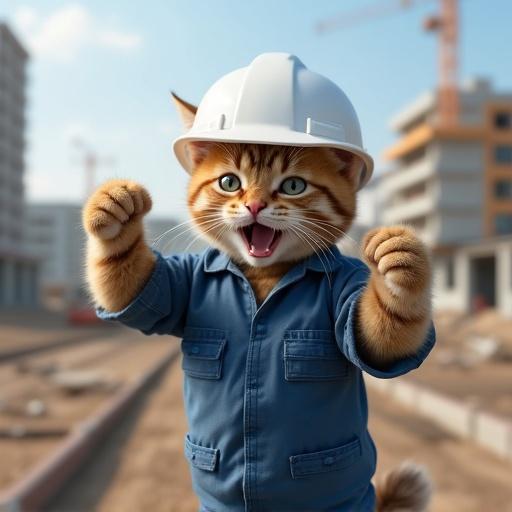A realistic cat in a white safety helmet and blue work uniform at a construction site showing an angry expression. Cat is shouting with paws raised, capturing a Genba Neko style.