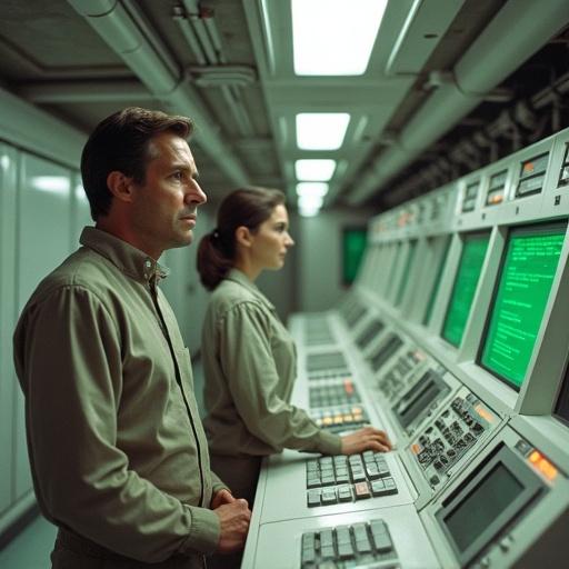 Commander Koenig stands at a console in Moonbase Alpha's Main Mission. Female technician gestures at a flickering display. The room consists of white and grey consoles. Green screens display data. Bright lighting highlights functionality. Clean lines and exposed conduits create a utilitarian design. A sense of controlled chaos pervades the scene.