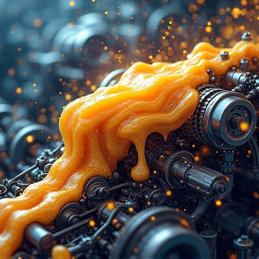 Create an illustration of a powerful engine in motion. Show golden-amber grease flowing through gears. Include glistening effects and sparks of energy. Background should have metallic tones with a gradient of deep blue and orange.