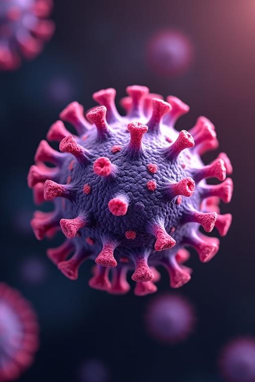 3D illustration of a virus. Pink and purple spikes on the viral structure. Dark background highlighting the details of the virus.