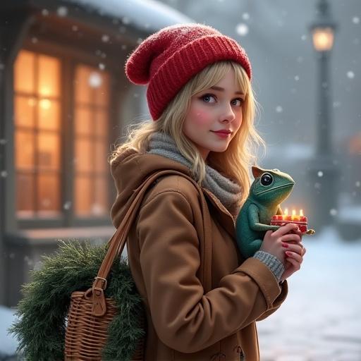 2D digital illustration in winter setting. Young woman with dark blonde hair in a red winter hat. She holds a woven shopping basket with a wreath. A chameleon sits on her arm with a box of candles. Background features glowing windows and falling snow. Scene feels cozy and playful.