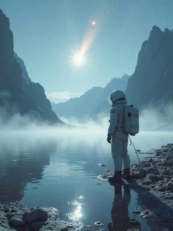 Astronaut reflecting on mercury lake surrounded by tungsten mountains and silver mist. A giant comet streaks across the sky, sparking at lake surface.