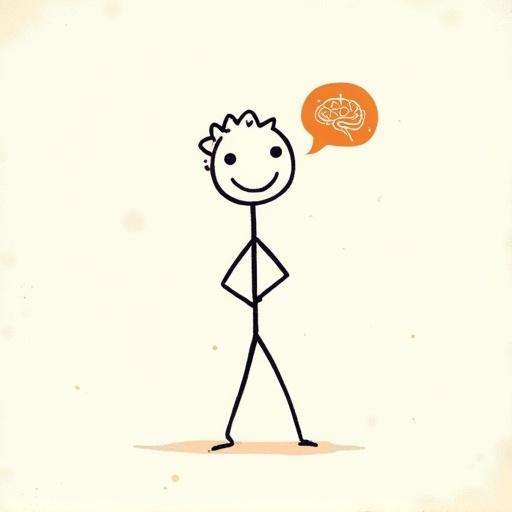 A playful stick figure with a round head and a smiling face. Designed with bold black lines and a minimal aesthetic. The figure's posture suggests friendliness. Background shows a soft off-white texture. Includes a thought bubble with a brain symbol in orange. The overall tone is intelligent and approachable.