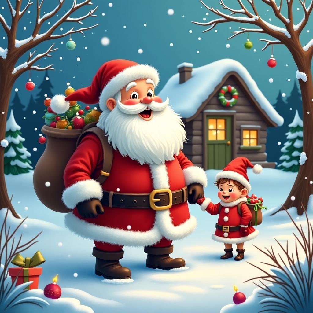 Magical scene with Santa Claus in the snow. A cheerful Santa with a white beard and a bag full of gifts stands beside a happy child holding a small bag. Snowflakes fall around them. A cozy house and Christmas decorations in the background.