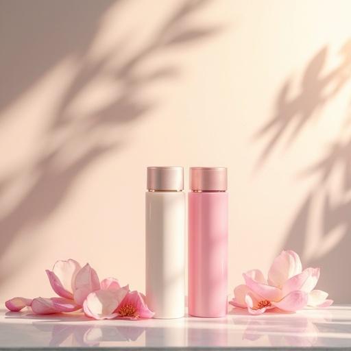 Modern minimalist bathroom vanity countertop showcases two elegant haircare bottles. Soft natural lighting enhances the scene. Delicate pink camellia petals scattered around add elegance. The clean marble surface reflects bright ambient light. Background has smooth curved elements and contemporary geometric patterns. The overall composition emphasizes premium haircare aesthetics.