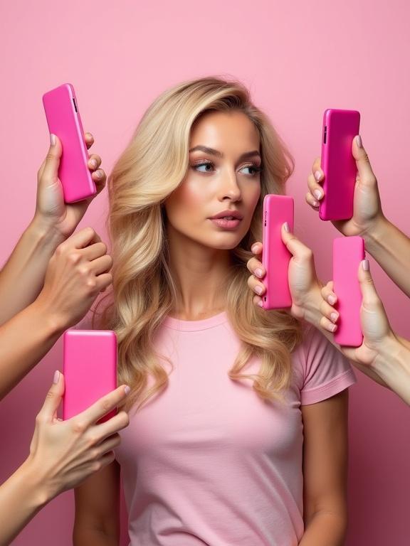 A woman with long blonde hair and full lips looks to the side. She wears a light pink T-shirt. Hands hold bright pink cell phones around her. Background is solid pink. The scene feels playful and vibrant.