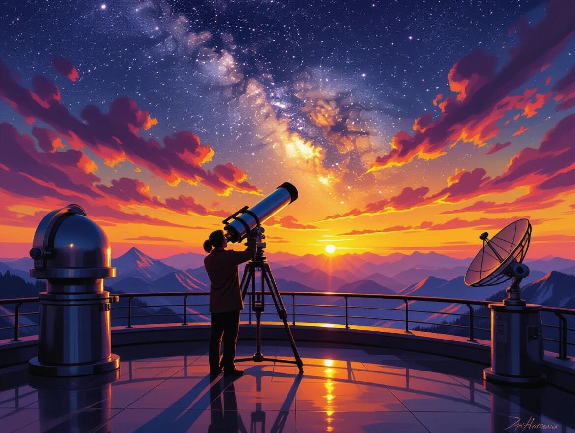 Oil painting of an astronomer at sunset beside a telescope on an observatory deck. The scene shows vibrant colors in the sky with the Milky Way appearing. Scientific equipment surrounds the astronomer. Reflections on wet surfaces and glass convey the beauty of the moment.
