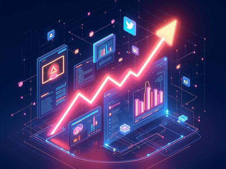 A vibrant digital illustration demonstrating growth strategies on X. Displays interconnected profiles, upward trend graphs, collaborative threads, analytics dashboards, and cross-platform icons. Uses glowing elements and motion lines for momentum and rapid growth. Symbolic visuals without text.