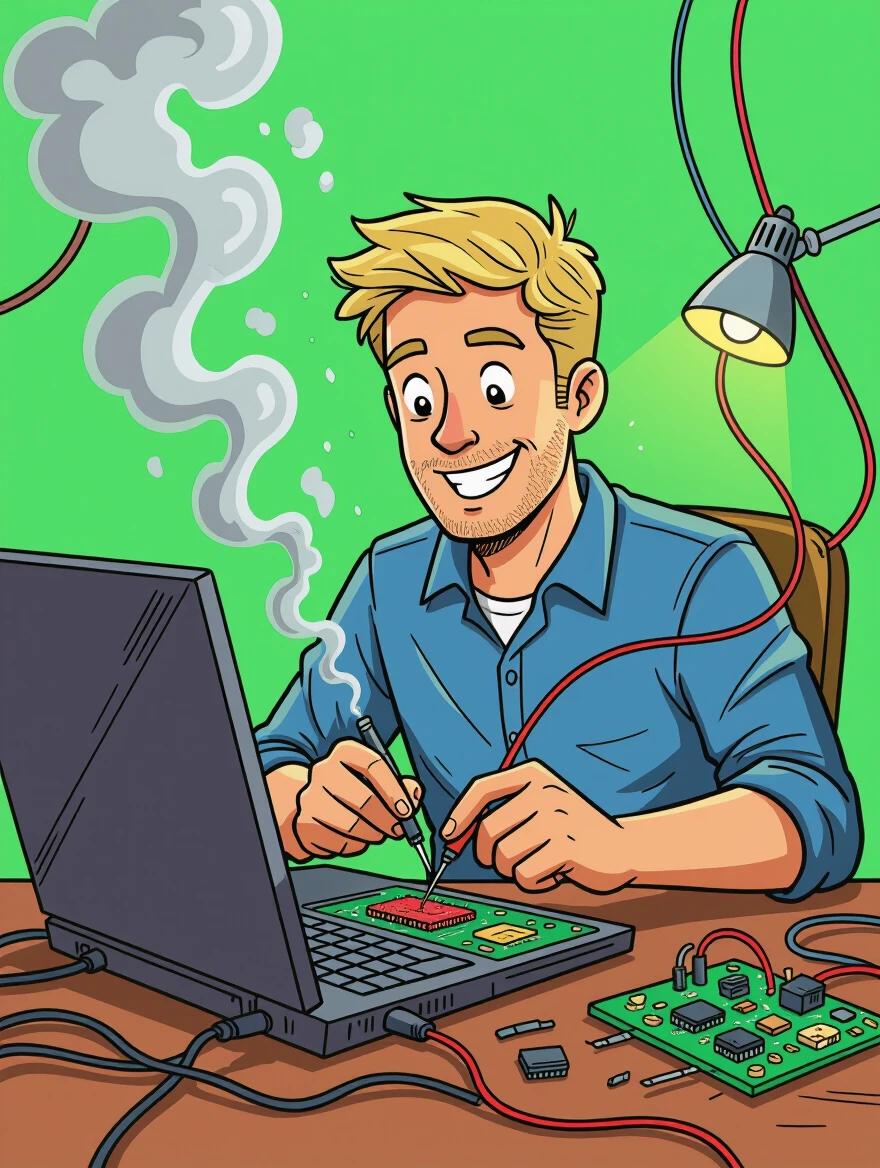 Old laptop with a tangled mess of wires. Person soldering on a circuit board with smoke coming out. Broken circuits with a cheerful expression after success. Green screen background in comic style.