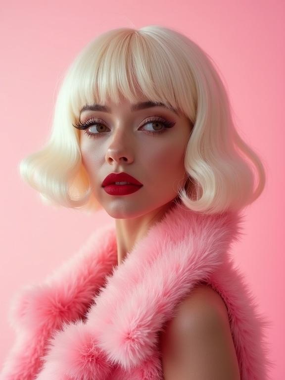 This image features a high-fashion editorial portrait of a glamorous figure with platinum blonde, 60s big hair. The figure is styled with a fluffy pink vest and set against a dreamy pink background. The composition is ultra-detailed and clean with a cinematic feel.