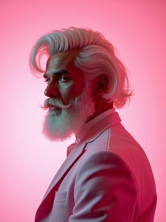 Fashion editorial portrait of a bearded man with big platinum blonde hair. Sleek studio lighting with dreamy pink background. Crisp and minimal composition with surreal elements. High detail and cinematic style.