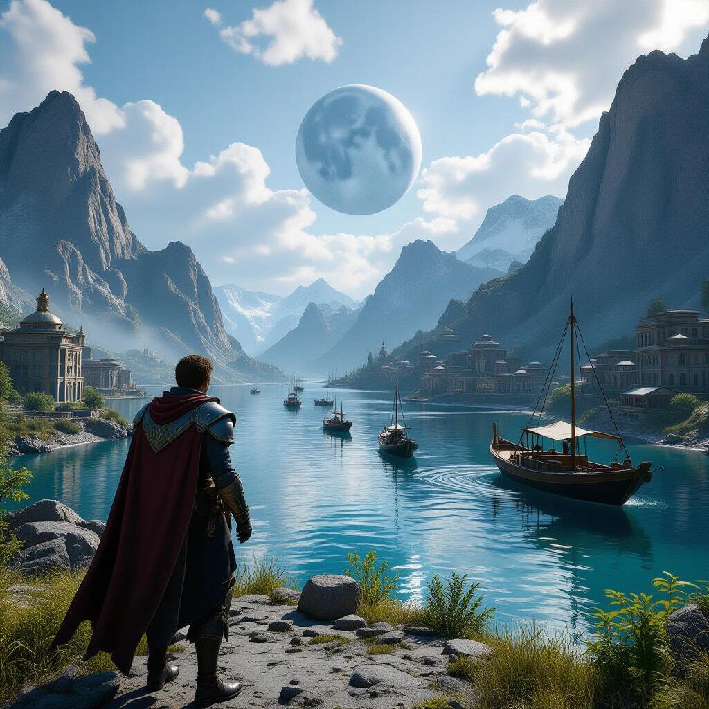 A hyper-realistic cinematic landscape showing a traveler gazing at an expansive lake with mountains. Several boats are on the water under a large moon. Lush greenery frames the scene. Ideal for fantasy themes. Created using Unreal Engine at 8K resolution.