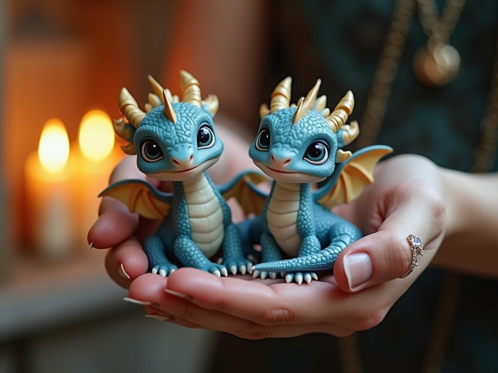 This image captures two adorable, blue baby dragons with golden horns, comfortably nestled in a pair of gentle hands. Their expressive eyes convey innocence and curiosity, while a softly lit background with warm candles creates a cozy and magical atmosphere, enhancing the fantasy theme of the scene.