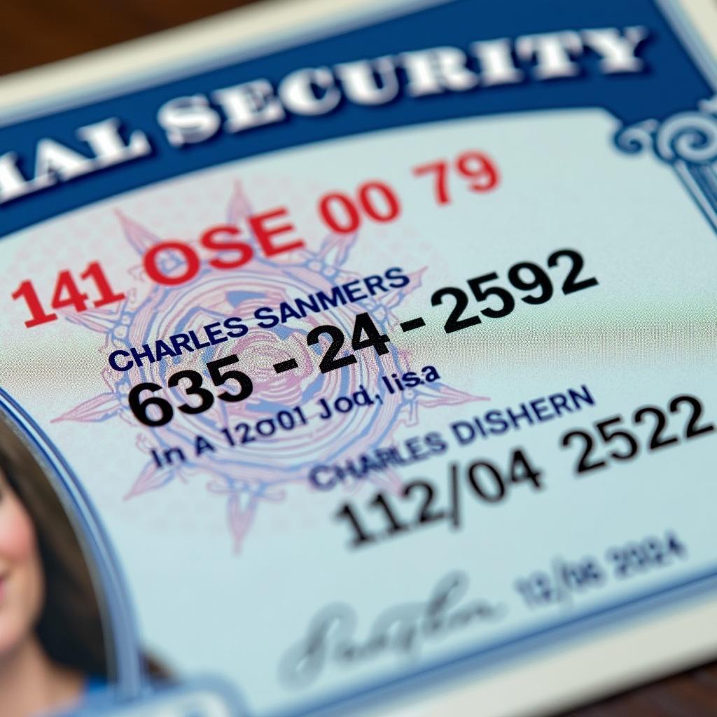 Close-up photograph of a USA Social Security card. Features name Charles Sanders and SSN 635-24-2592. Issuance date shows 12/02/2024.