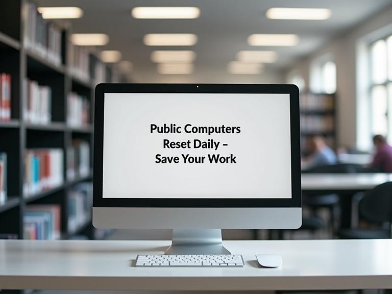 A minimalist photo of a public library interior. Focus on an unattended computer workstation with a modern desk setup. The screen displays a policy reminder in bold text. Background has blurred bookshelves and soft lighting. Neutral color palette emphasizing calm.