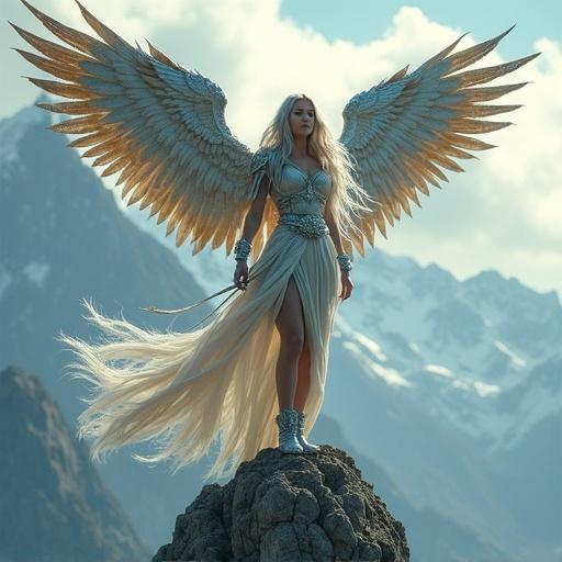 Majestic woman stands tall with large wings. Positioned on a high mountain peak. Hair flows in the wind. Glowing sky-blue eyes. Wearing light armor mixed with flowing fabric. Graceful strong posture. Shimmering gold blue feathers on her wings. Serene powerful aura. Soft light surrounds her. Ready to take flight. Wind swirls around her. Dramatic mountainous terrain behind her. Vast sky above her. Ethereal yet fierce presence.