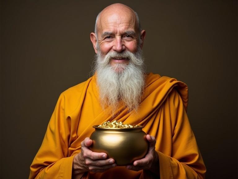 Image of an elderly monk holding a pot of gold. The monk smiles while showcasing the pot. He wears golden robes and has a long white beard. The background is neutral and highlights the monk's features.