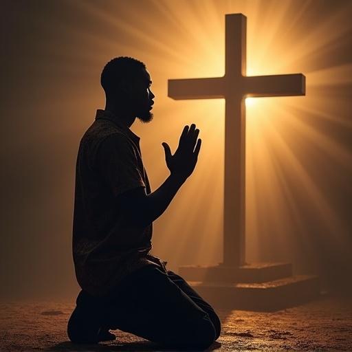 An African-American male kneels in prayer, dressed in black and gold shirt with black pants. He is kneeling in front of a cross, illuminated by soft light.
