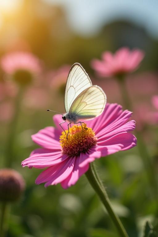 A butterfly with white wings rests on a vibrant pink flower. The background is a sunlit garden with blurred flowers. The scene evokes a feeling of calmness and beauty.