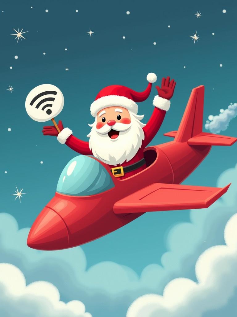 Santa Claus flies a red jet with a Wi-Fi symbol. Santa smiles and waves. Background has clouds and snowflakes. Stars twinkle in the sky.