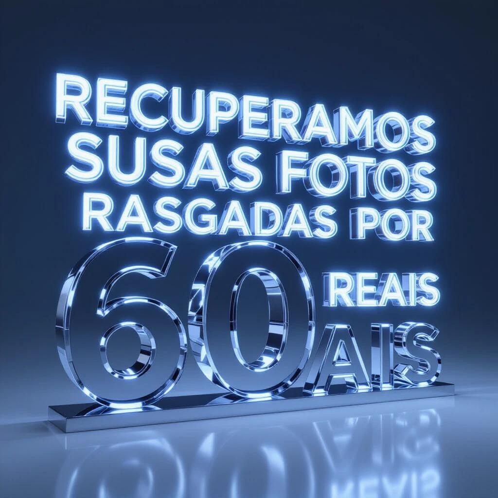 3D advertising scene features bold text offering photo restoration for a price. Text is polished chrome with blue LED backlighting. Background has a soft gradient. Elements include before/after photo frames, price tag, restoration icons, and a photo album. Professional lighting enhances visual clarity for effective advertising.