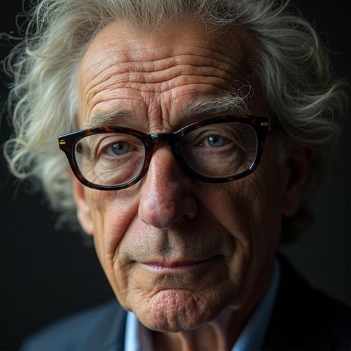 Close-up portrait of an older man with glasses and gray hair against a dark background. The man has a serious expression, and the lighting emphasizes his facial features.
