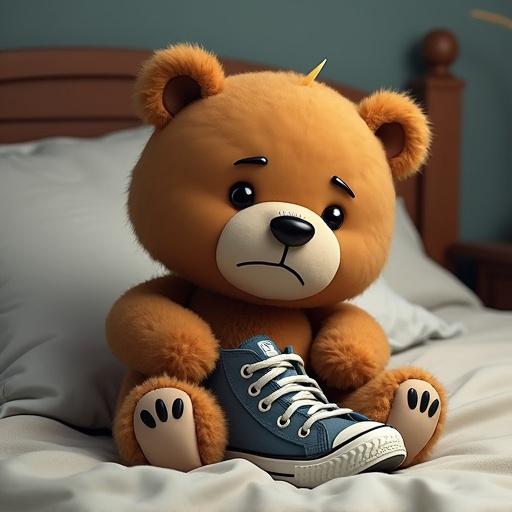 Lulo the bear sitting on his bed looking sad. Lulo is holding a torn sneaker. The setting is cozy and inviting.