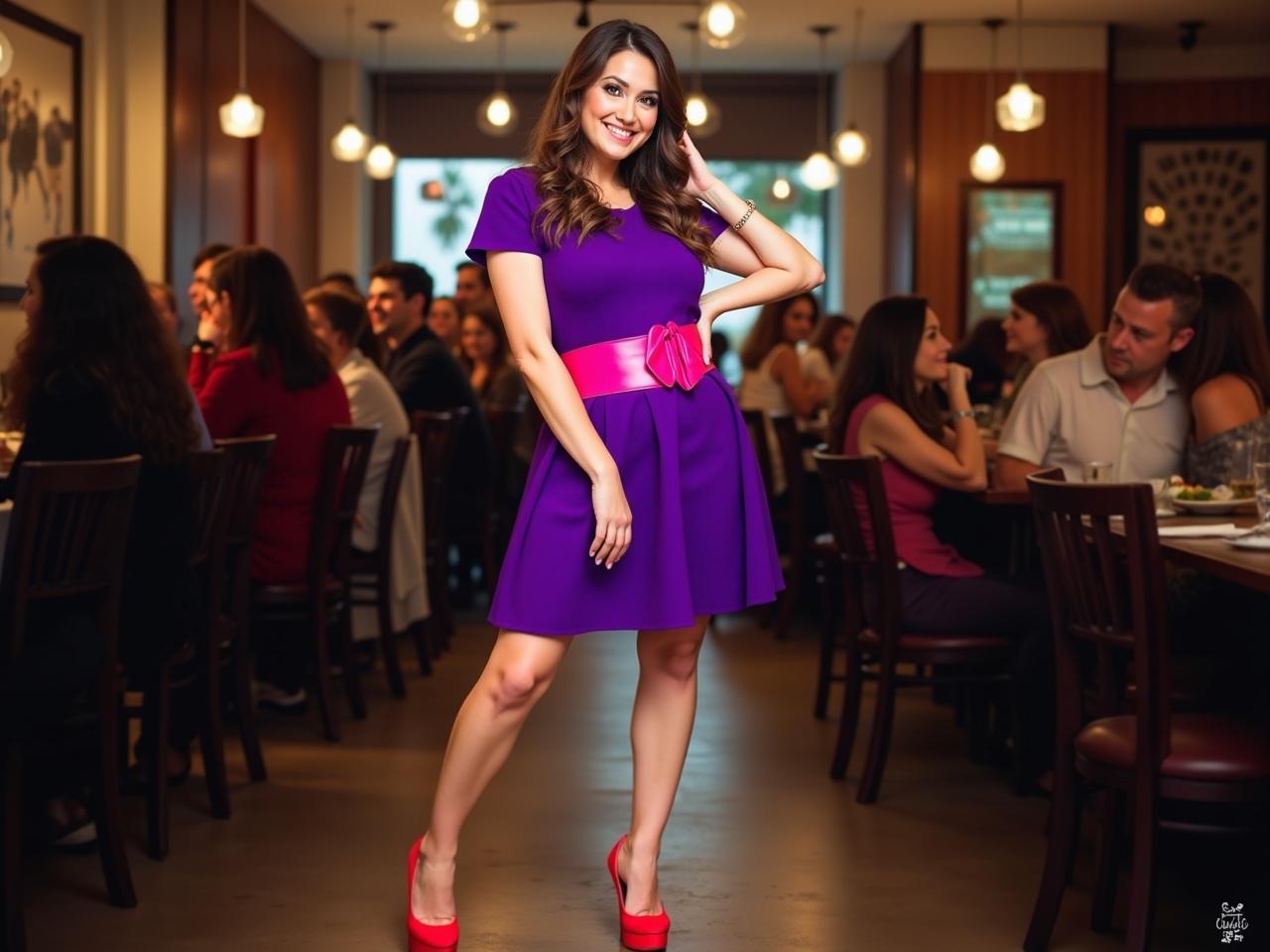 A woman is standing confidently in a playful pose. She wears a vibrant purple dress that has short sleeves and a flared skirt. Around her waist, there is a wide pink belt that adds a pop of color to her outfit. The footwear consists of bright red high heels that complement the dress nicely. In the background, there are people enjoying a festive atmosphere, giving a lively vibe to the scene. The setting appears to be in a restaurant or a party venue with an inviting decor.