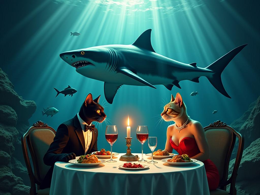 In an underwater setting, a romantic dinner for two is taking place at a beautifully set table. The diners are elegantly dressed cats; one is wearing a black tuxedo and the other a stunning red gown adorned with pearls. They sit at a luxurious table illuminated by a flickering candle, surrounded by delicious dishes and glasses of wine. In the background, a giant shark swims dramatically, with its mouth wide open and teeth bared, creating a stark contrast to the serene dinner atmosphere. Playful fish swim around, adding to the surreal underwater scene. Sunlight filters down through the water, casting a magical glow on the entire setting.