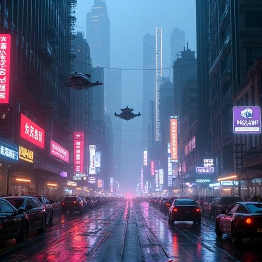 Futuristic city filled with skyscrapers and flying vehicles Streets are illuminated with bright neon lights A misty atmosphere reflects the colorful signage on wet pavements Massive neon signs dominate narrow streets