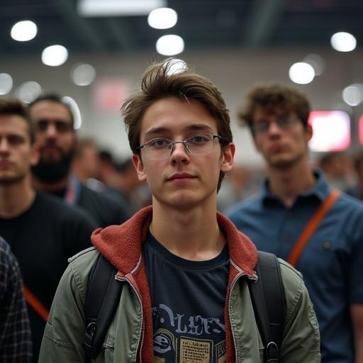 Photo of a teenage boy with glasses at a comic convention surrounded by men. Other attendees blurred in background. Interior setting. Casual atmosphere.