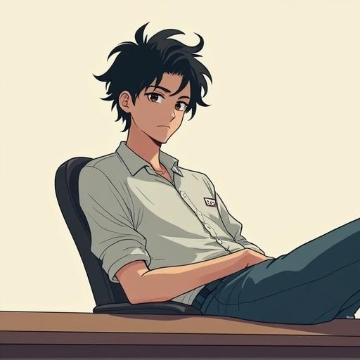 Illustration of a cute young man in an office setting. He is a psychologist. Sitting behind a desk, leaning back in a chair. The character has black hair and an aloof demeanor. The perspective is diagonal with a wide view.