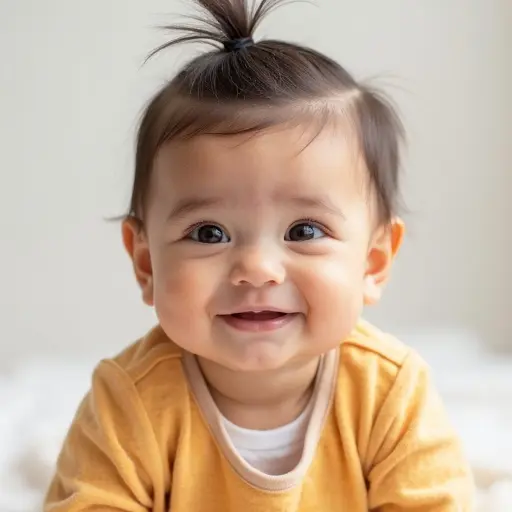 A very cute baby wearing colorful clothes smiles gently. The baby is viewed from the front. The lighting is smooth and soft. The background is bright and clean with no shadows.