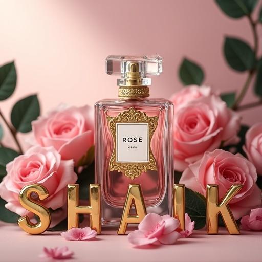 Stunning still life composition featuring an elegant perfume bottle at the center. Surrounded by delicate pink roses and dark green leaves. Sophisticated design with intricate golden floral embellishments. Glossy glass finish. Soft, muted pink background complements pastel colors. Soft and diffused lighting creates gentle shadows. Bold and gold letters spelling 'SHAIK' integrated into floral display. Romantic and chic aesthetic, perfect for high-end fragrance advertisement. Symmetrical and balanced composition with focus on beauty of roses and allure of perfume bottle.