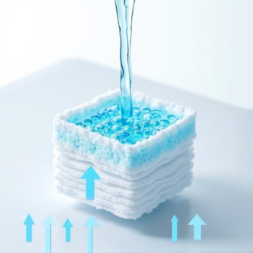 Realistic close-up cross-section of a high-tech diaper core. Stream of blue liquid poured onto layered white material. Internal structure reveals transparent blue absorbent gel beads in woven fabric. Light blue arrows indicate absorption. Background soft white with sterile aesthetic. Style ultra-realistic, product visualization, emphasizing absorbency and comfort.