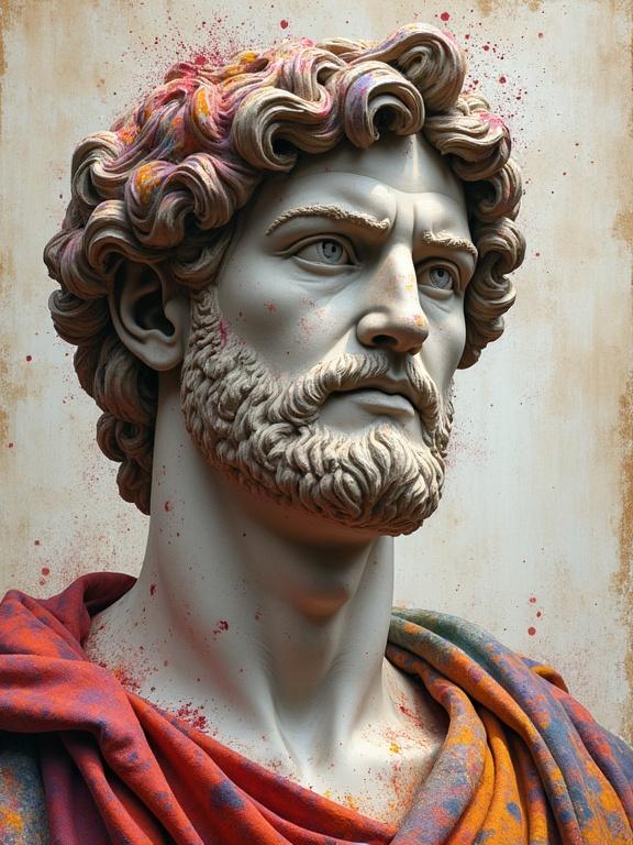 A portrait of a marble statue with colorful paint splashes. The background fades into worn parchment paper. Style is influenced by Antonio J. Manzanedo. The statue embodies themes from Greek mythology, with a fantasy and epic feel suitable for D&D.