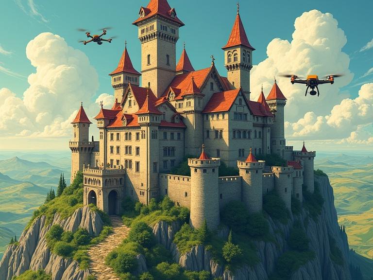 castle situated on a rocky cliff surrounded by green hills. Drones flying around the castle in a bright blue sky with fluffy clouds. Vivid colors and imaginative details.