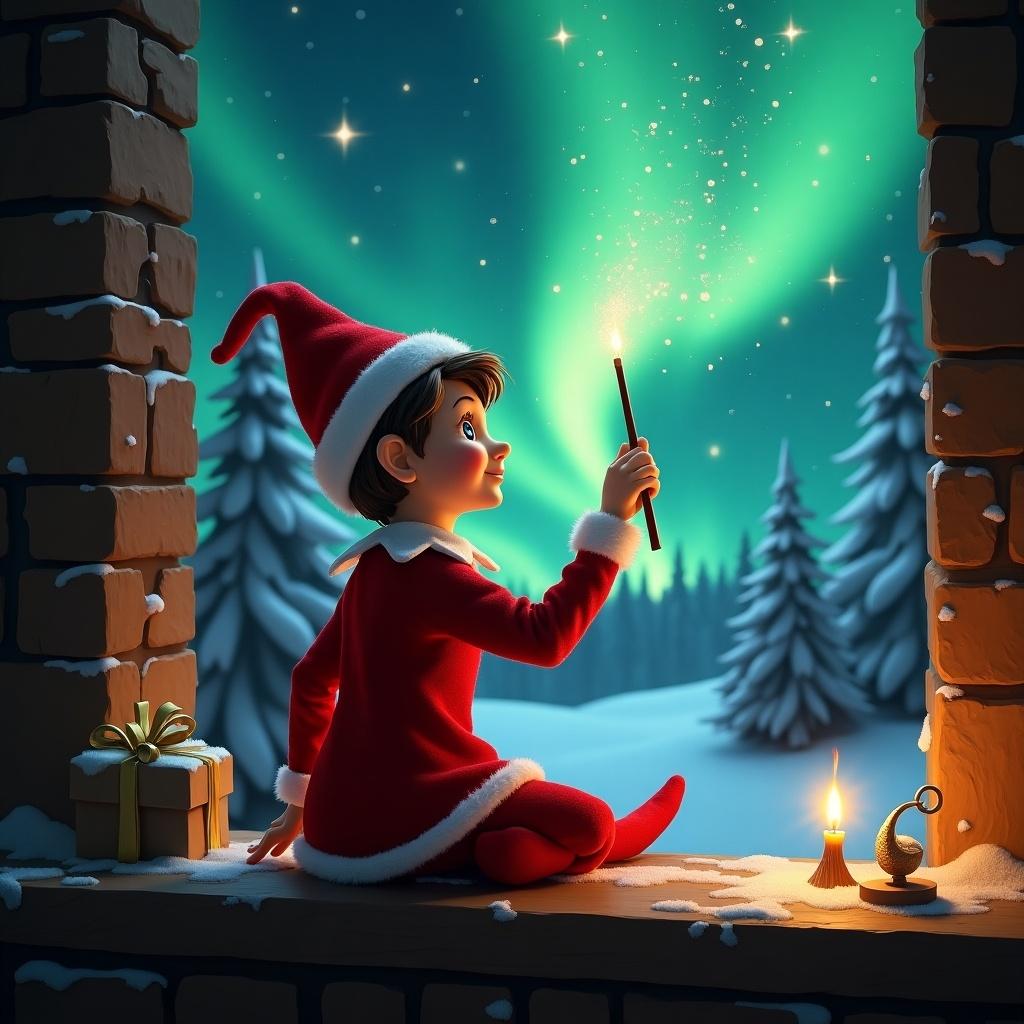 Traditional elf in red looking up at the northern lights writing Ava in the air with a magic wand.