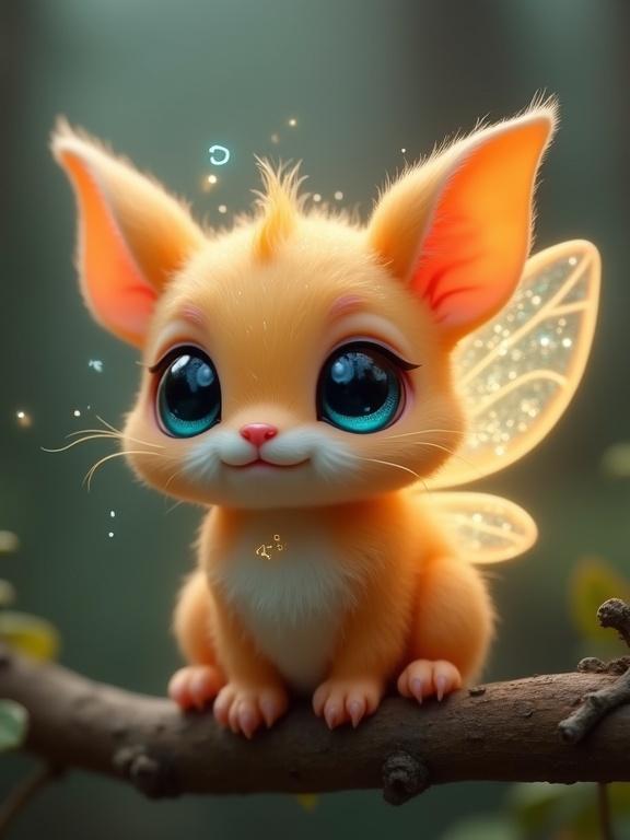 A small whimsical creature with orange-tan soft rounded body sitting on a branch. It has large sparkling blue eyes and a friendly expression. The creature’s ears are pointed like a pixie’s and it has glowing antennae. Translucent, golden-orange wings with sparkles are visible. The background is a blurred forest setting.