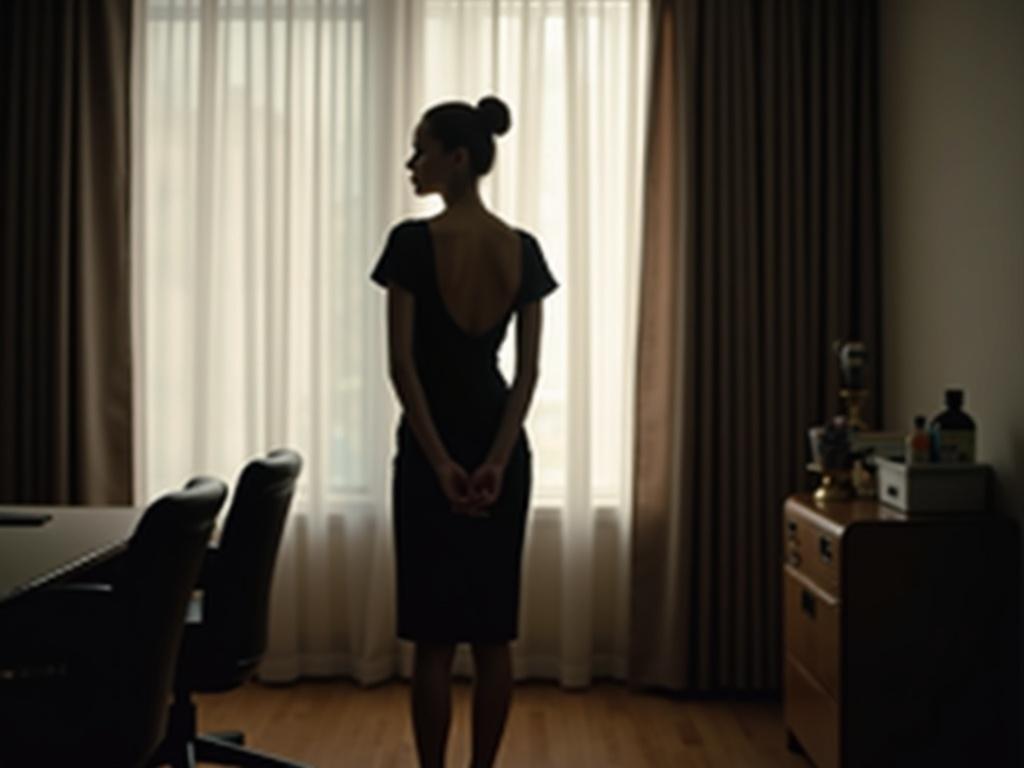 Young woman stands elegantly in an office dress. Soft light streams through a window. The atmosphere is calm and sophisticated. Long curtains frame the scene. The focus is on elegance and professionalism.