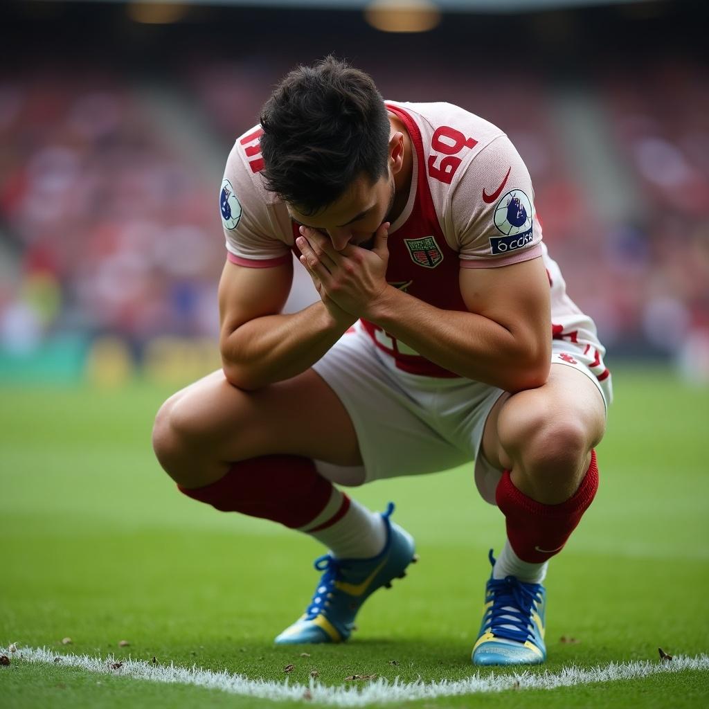 An injured football player on the corner of the field. The player is holding his knees with both hands. He shows a distressed expression and is in a kneeling position.