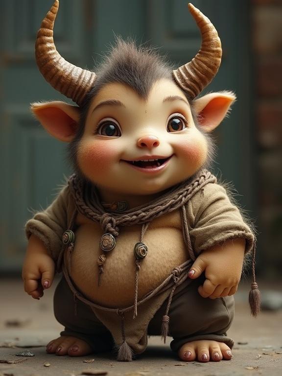 A petite hairy chubby humanoid male with horns, smiling happily, dressed in simple attire.