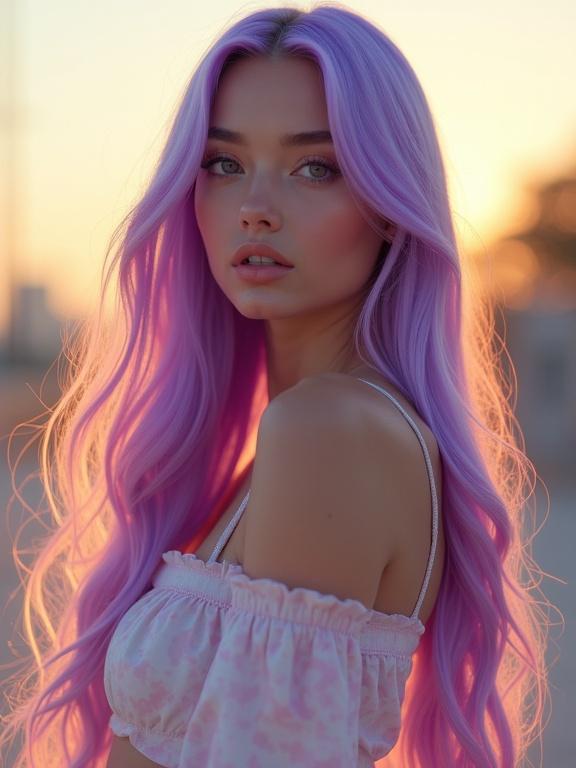 Ultra-realistic girl with long silky purple hair and deep violet eyes. Porcelain skin in an elegant pose. Standing in golden hour lighting wearing futuristic street fashion with pastel colors. Soft shadows and bokeh background. Full body visible.
