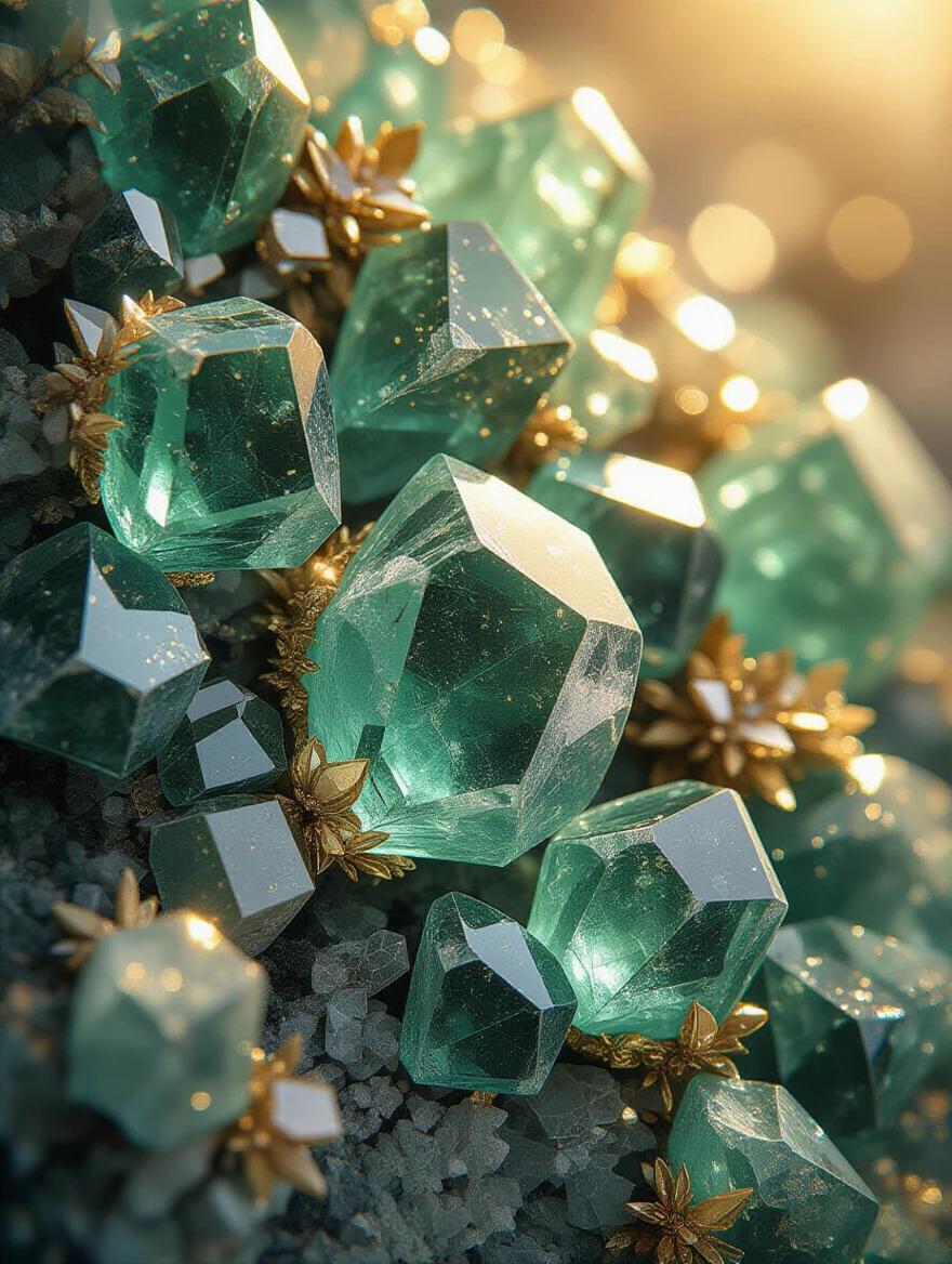 Close-up view of overlapping crystalline fragments. Dominated by raw emeralds and tourmalines. Shades of emerald green teal and translucent amber. Dense irregular pattern fills the frame. Warm radiant light with golden highlights. Sparking reflections across crystal surfaces. Smooth glossy texture with variations in color. Low viewpoint emphasizes scale and complexity. Ethereal magical ambiance evoking dragon hoards.