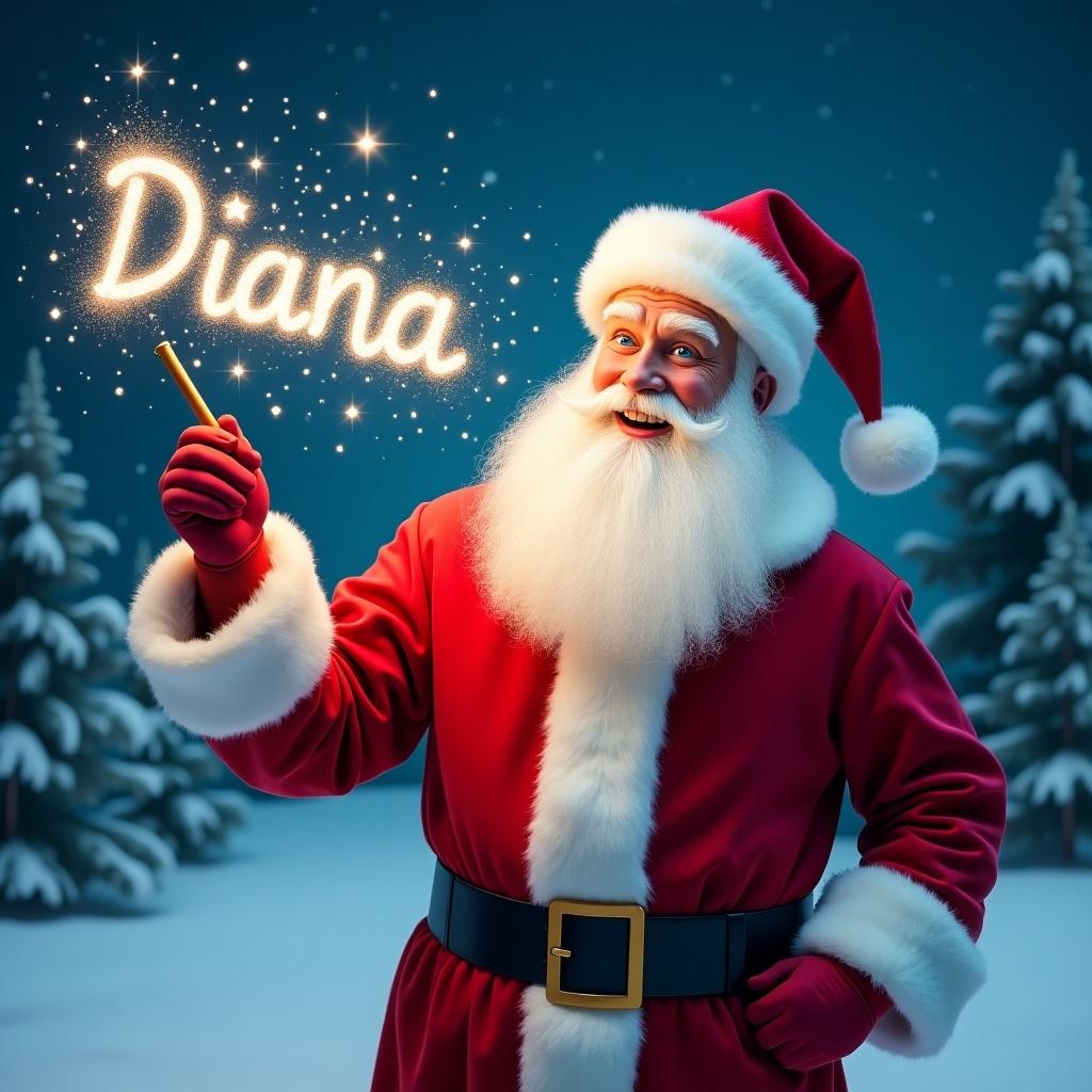 A jolly Santa Claus in a snowy landscape, holding a magical wand that shines with sparkles the name Diana. He wears a classic red suit with white fur trim and a matching hat. Santa's eyes are blue and twinkle with joy as he appears to be writing names in the sky. Behind him, there's a snowy scene with evergreen trees and a starry night sky. The atmosphere is festive and magical, perfect for the holiday season.