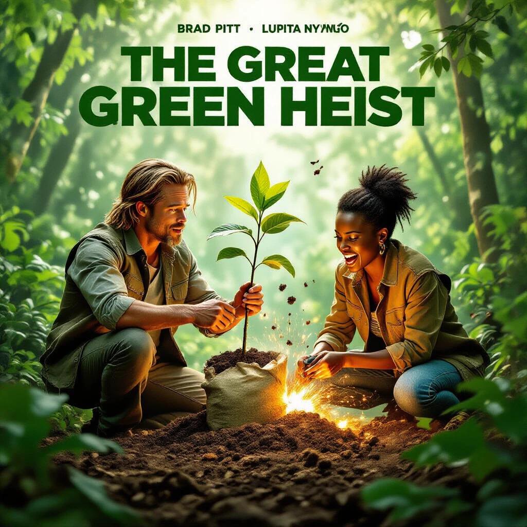 Movie poster for THE GREAT GREEN HEIST featuring characters planting a tree. Bright foliage in background, characters display enthusiasm. Action scene includes compost bomb, elements of adventure and humor.