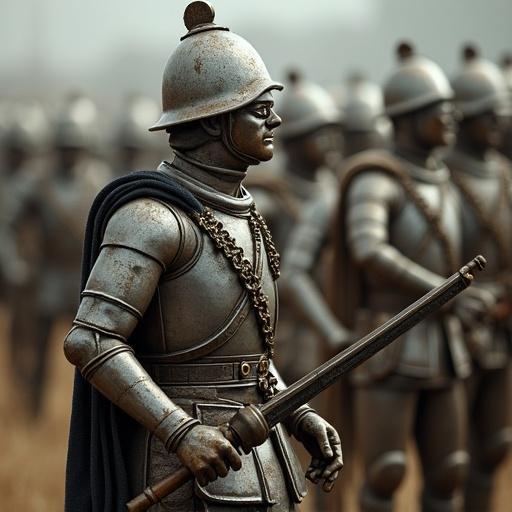 An army of tin soldiers in a battlefield environment. Many soldiers stand in formation. The soldiers wear shiny metallic uniforms and helmets. The scene conveys a nostalgic and playful mood.