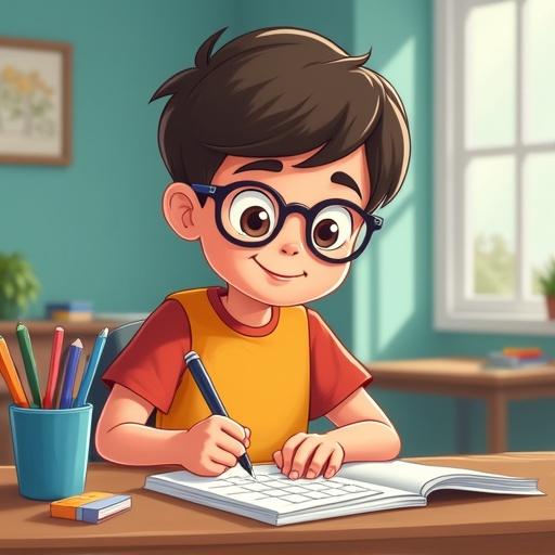 Cartoon style image of an 18 year old student doing calculations in class. Student is sitting at a desk with colorful stationery. The setting is bright and cheerful with a warm atmosphere.