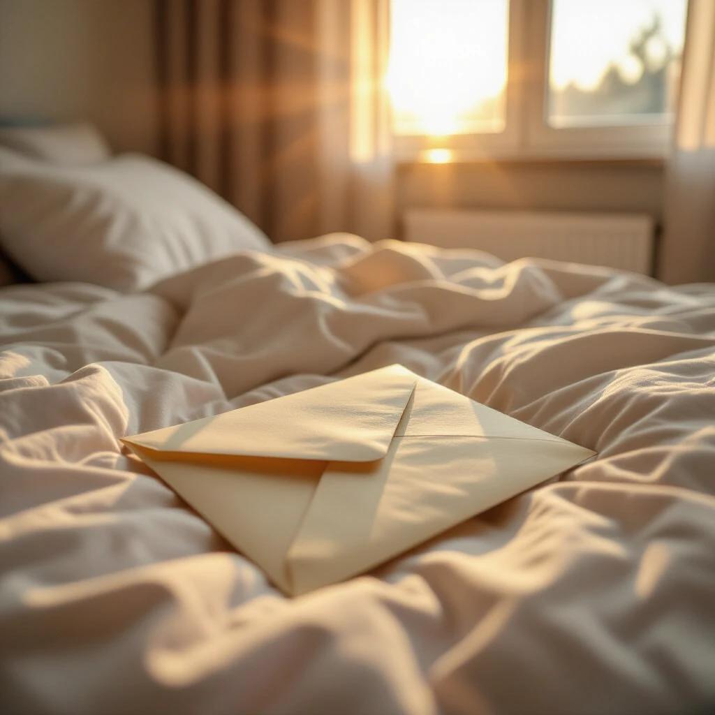Closed letter placed on a messy bed with sunlight shining from the window. The setting evokes a sense of warmth and tranquility.